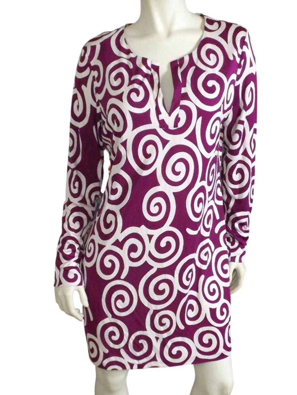 DIANE VON FURSTENBERG Silk Dress, XL, Purple/White, Long sleeve, Short/Mini
